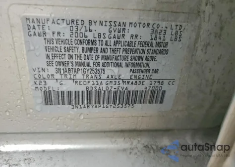 2016 Nissan Sentra S z USA, uszkodzony, nr VIN 3N1AB7AP1GY253575